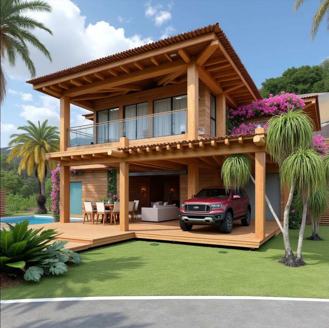 Casa conceito de dois pavimentos em madeira, com varanda ampla e garagem coberta