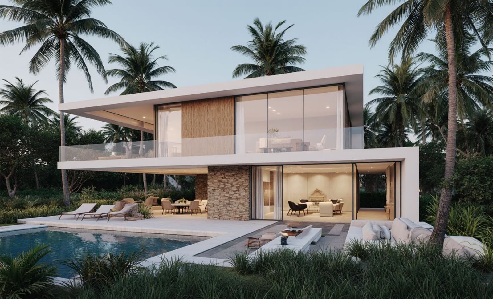 Casa conceito contemporânea envidraçada, com piscina e coqueiros ao redor
