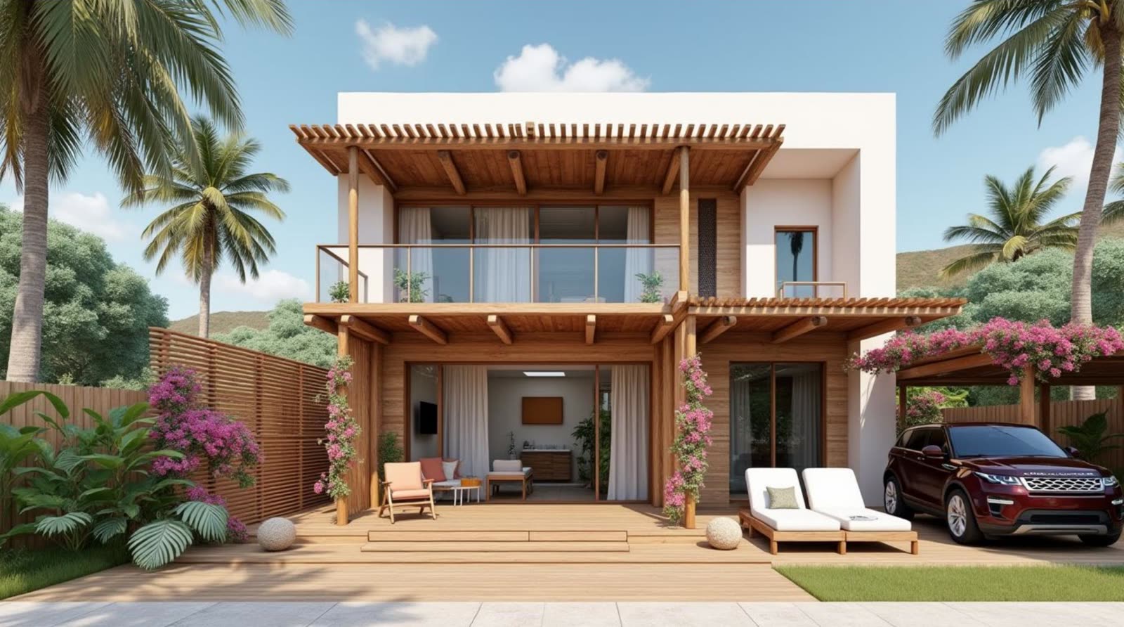 Casa conceito com pergolado de madeira, deck frontal e jardim tropical