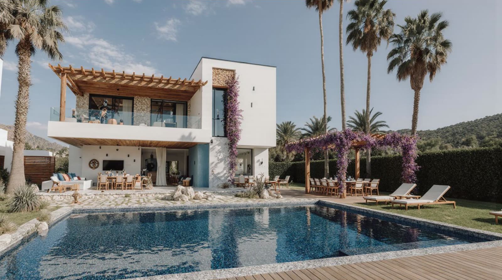 Casa conceito de fachada branca com piscina alongada e coqueiros