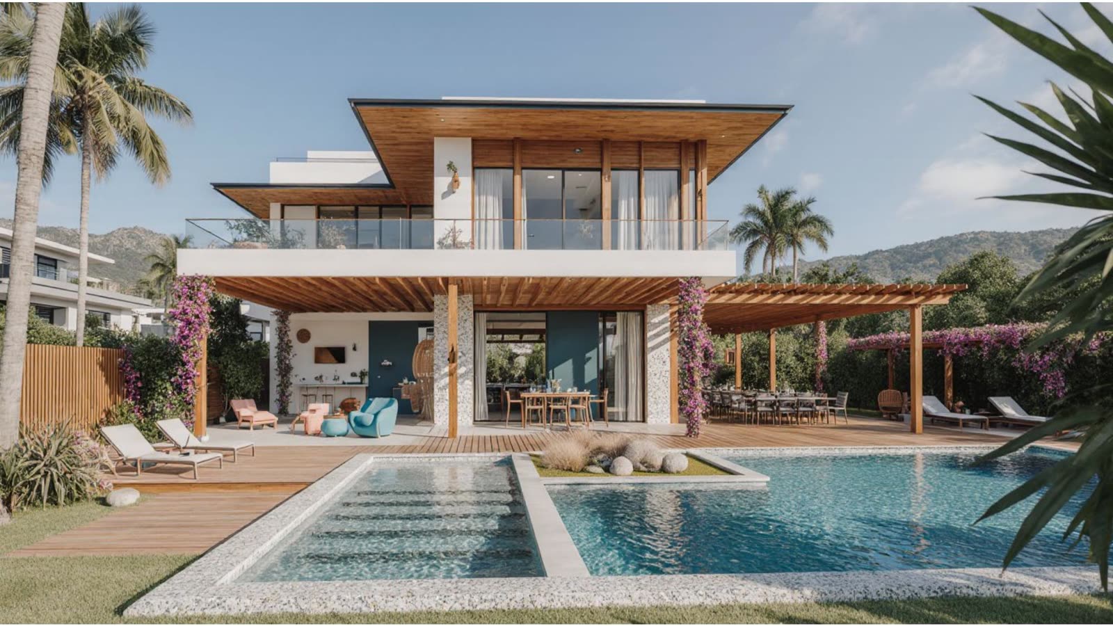 Casa conceito de dois pavimentos com pergolado e piscina com prainha