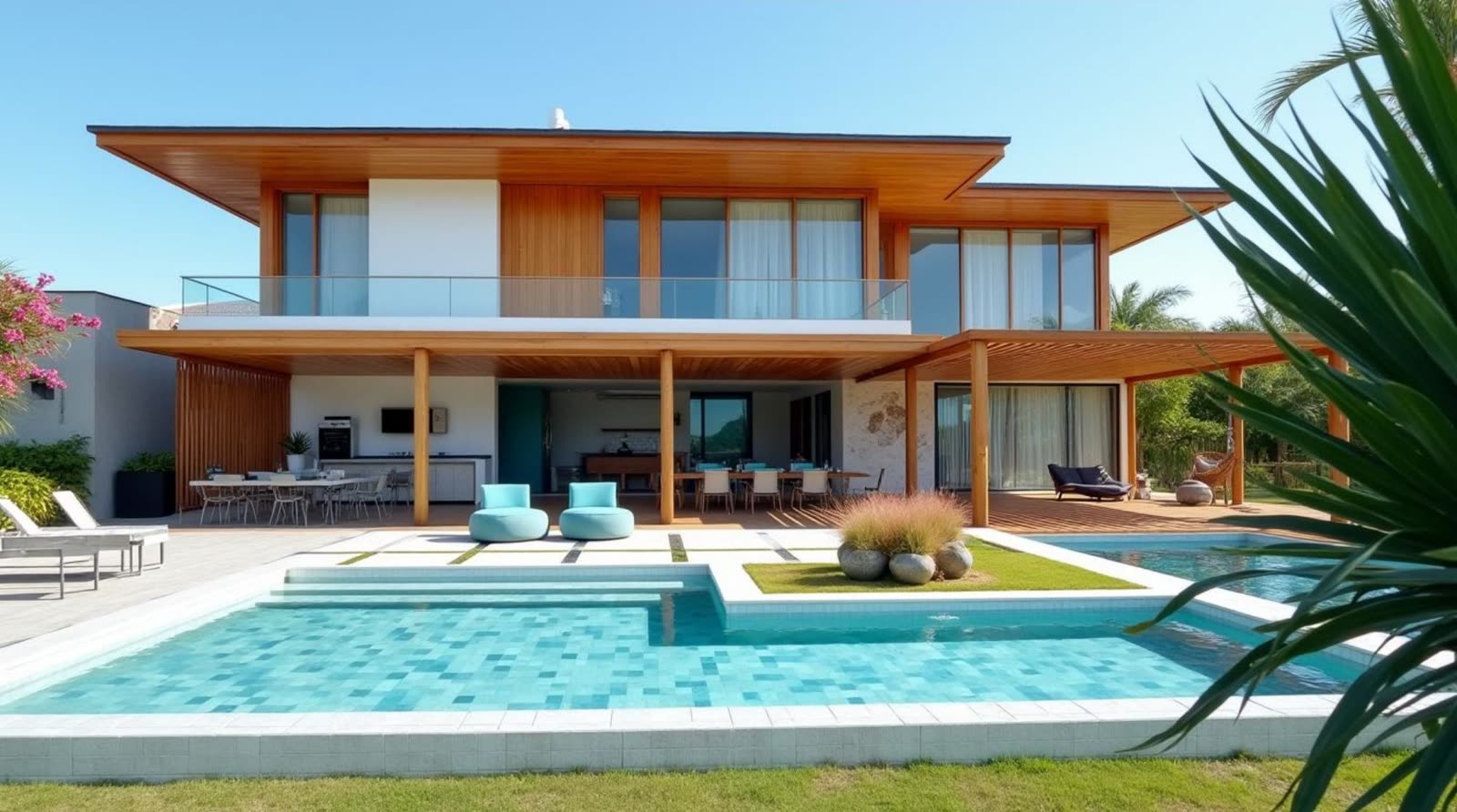 Casa conceito com piscina em L e área gourmet totalmente aberta