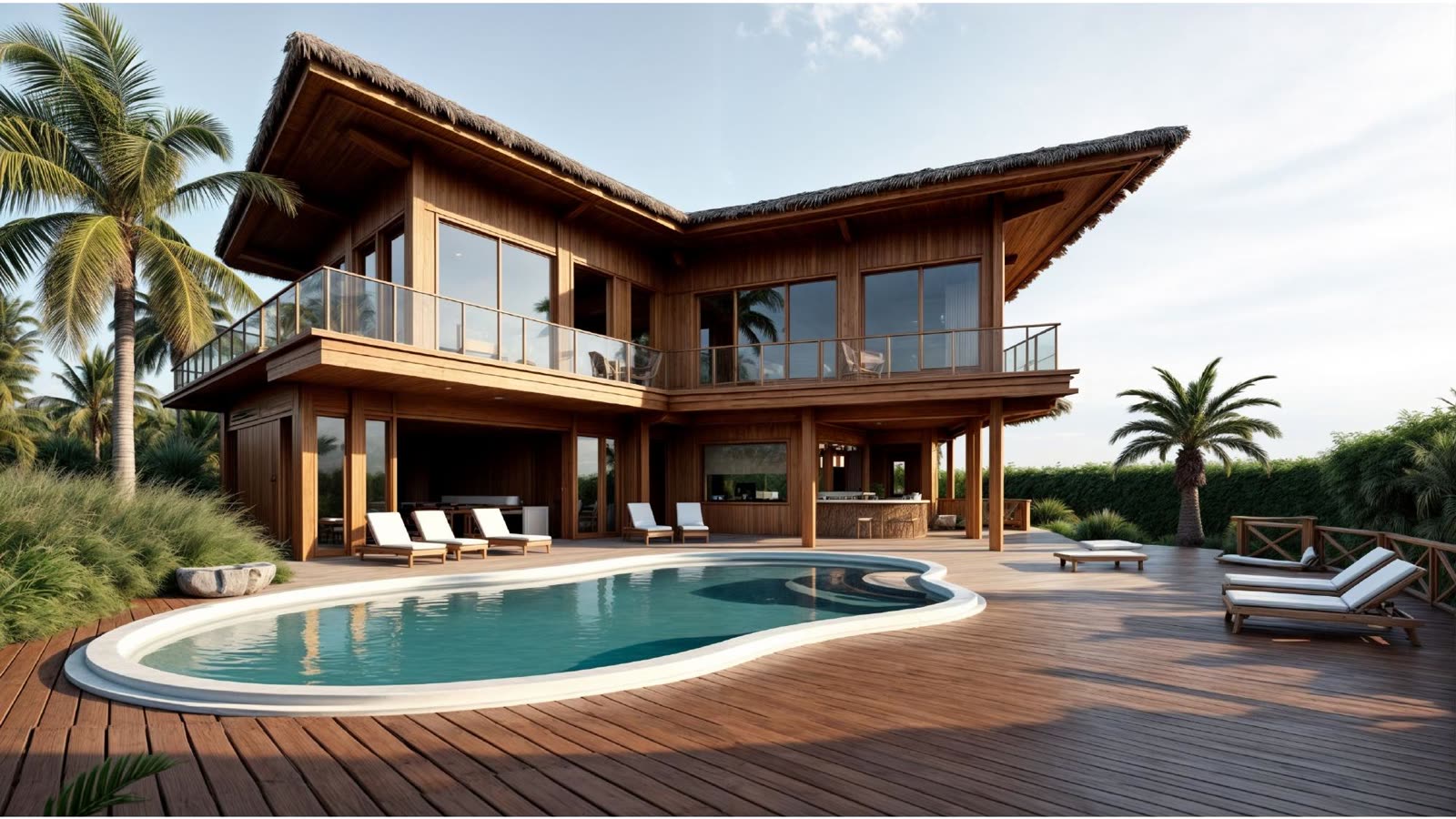 Casa conceito de telhado alado em madeira, com piscina orgânica e deck
