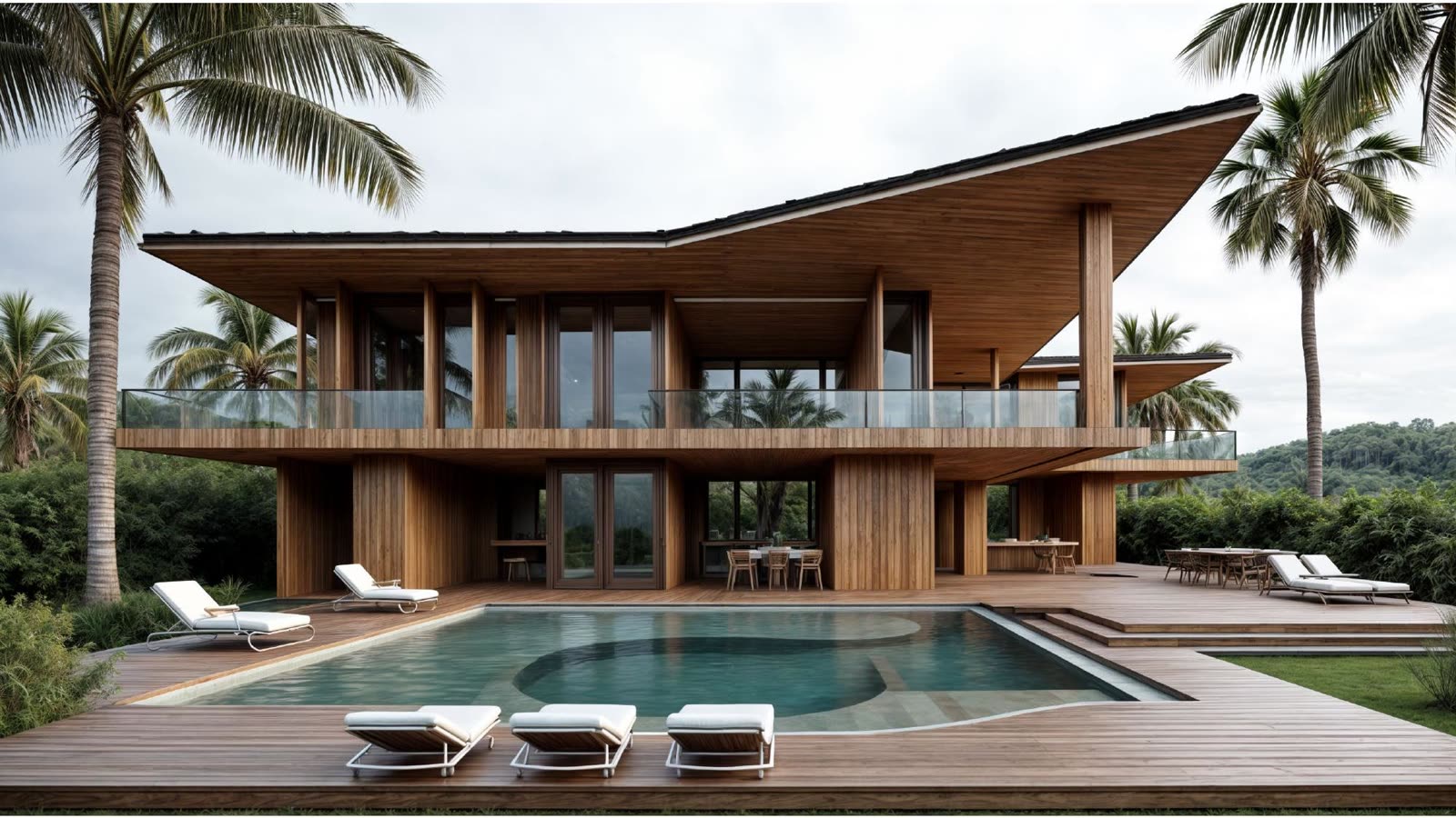 Casa conceito de telhado curvo em madeira, com piscina e espreguiçadeiras