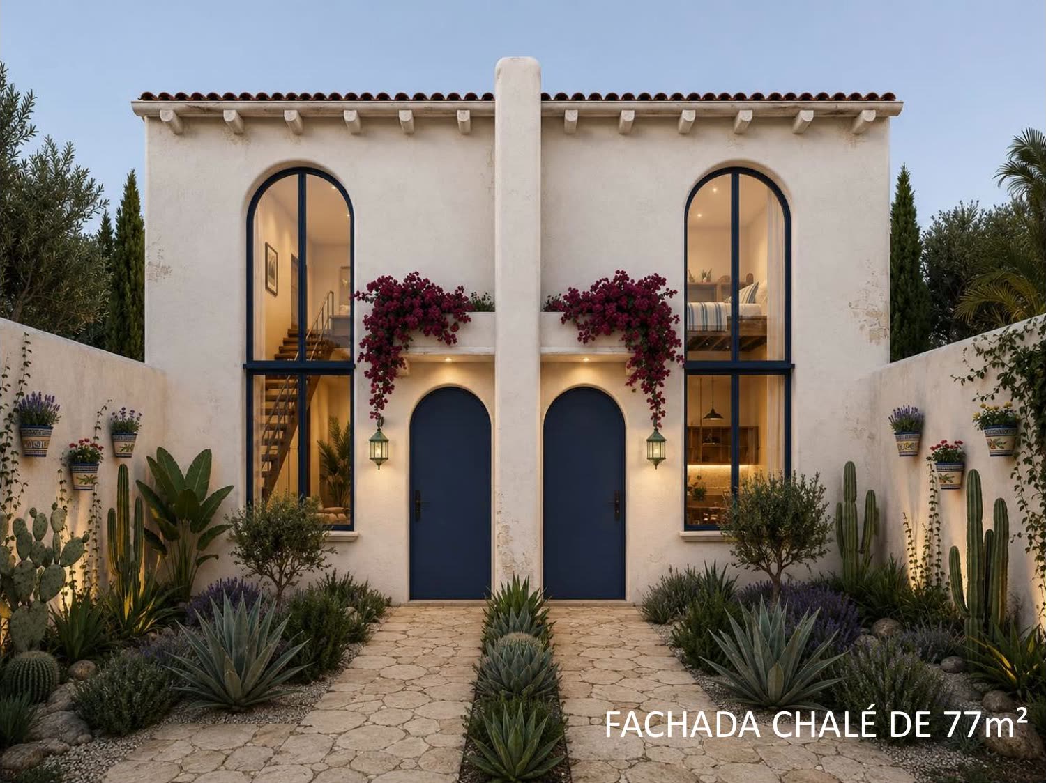 Segunda variação de fachada do chalé de 77 m², com esquadrias escuras