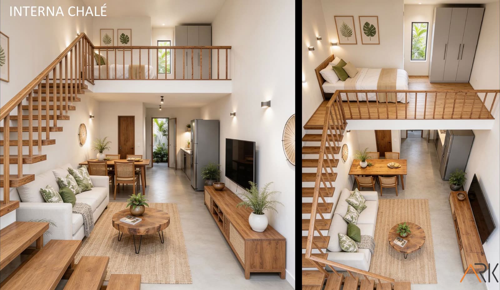 Interior do chalé de 77 m², com pé direito duplo, escada e mezanino