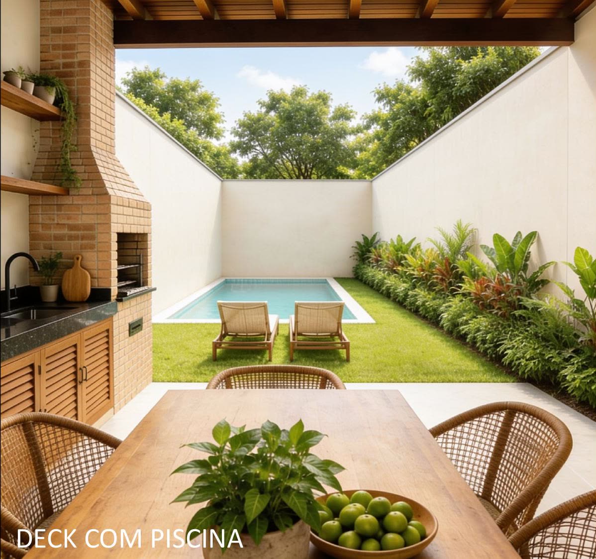 Deck do chalé de 77 m², com piscina, churrasqueira e mesa para refeições