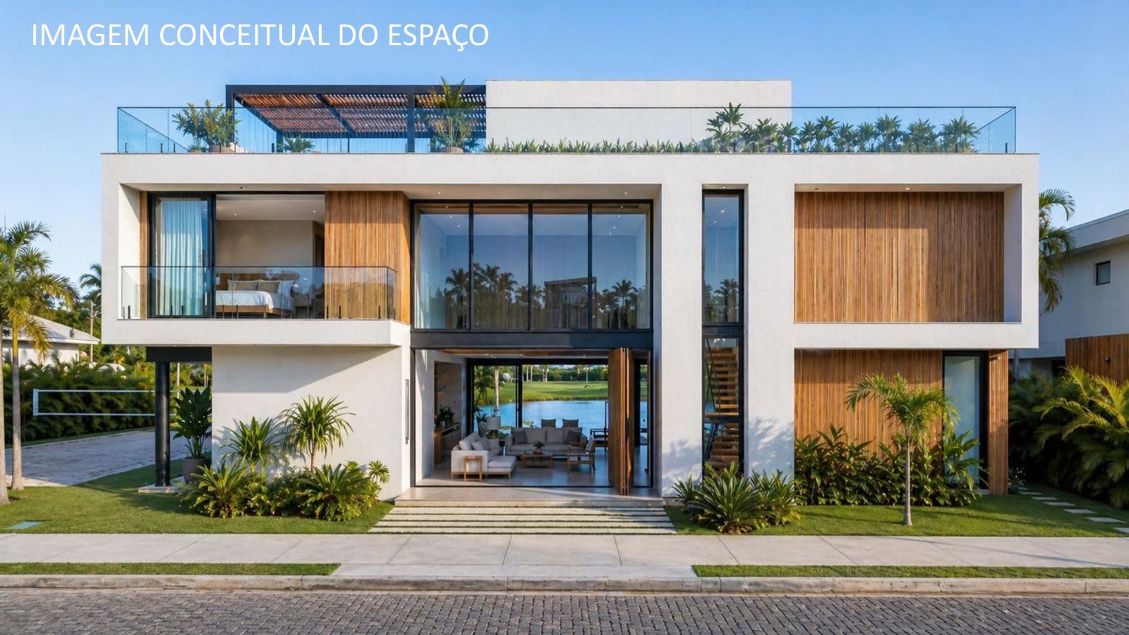 Fachada frontal da casa conceito de 380 m², com volumes em madeira e vidro