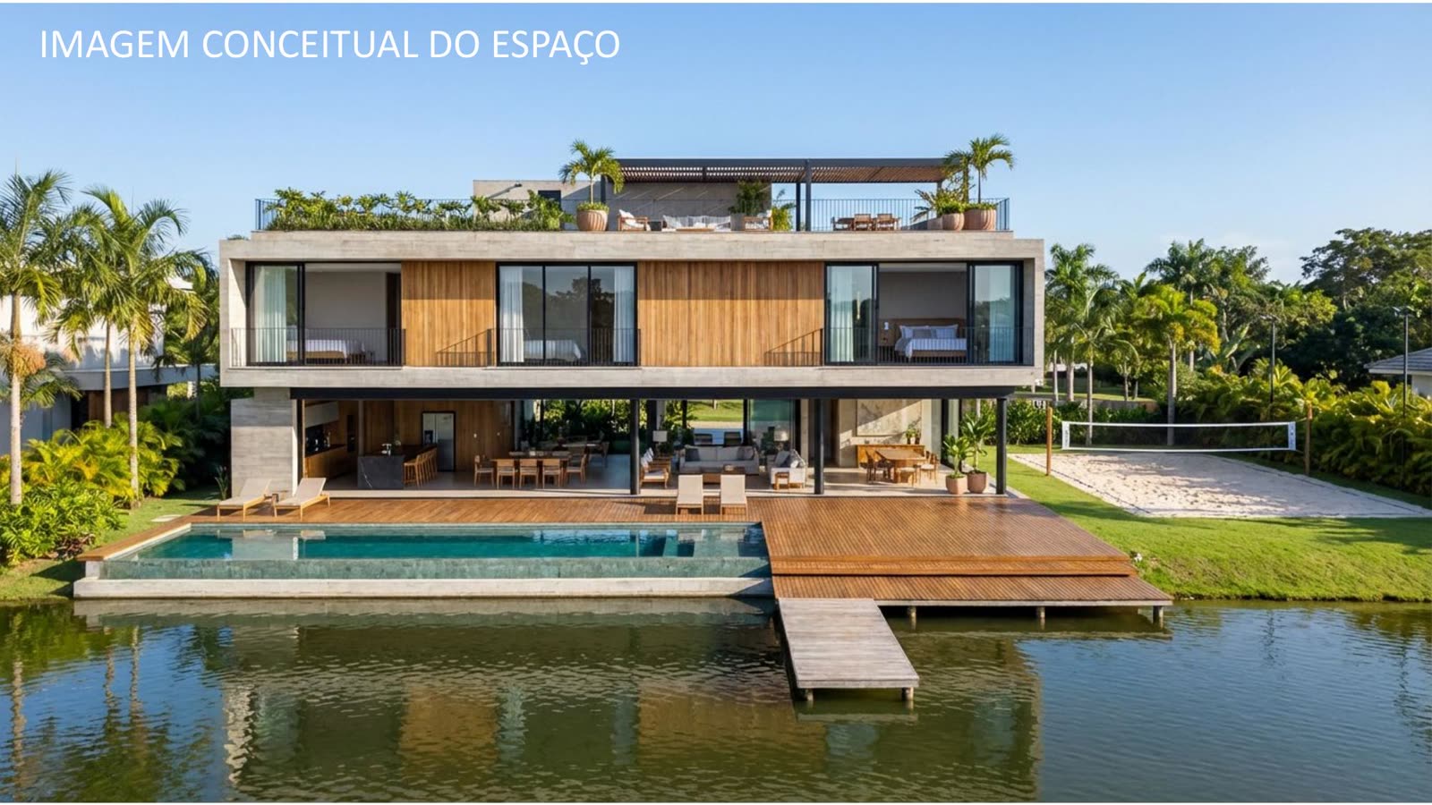 Fundos da casa conceito de 380 m², com piscina e deck avançando sobre o lago